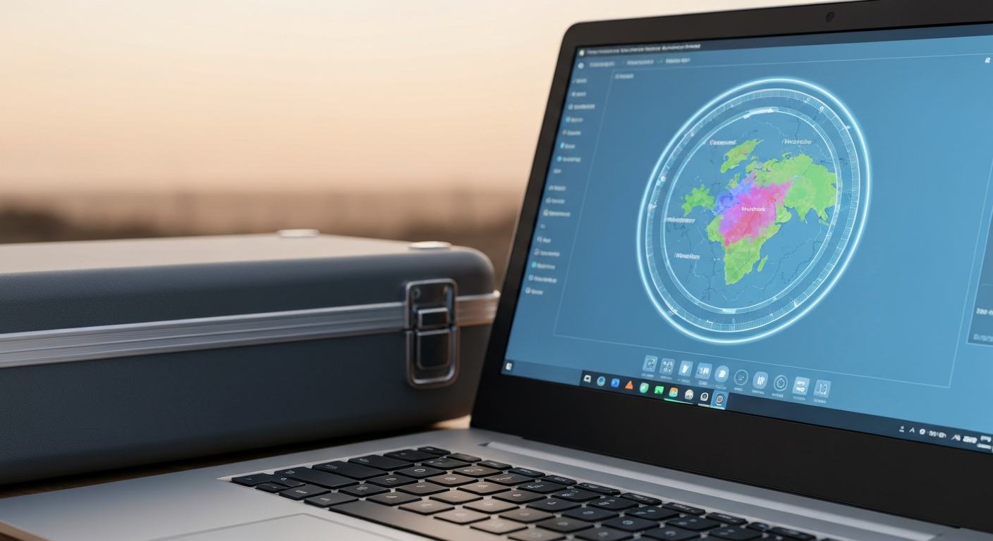 Laptop screen displaying a chargeability anomaly map from an IP survey in the field