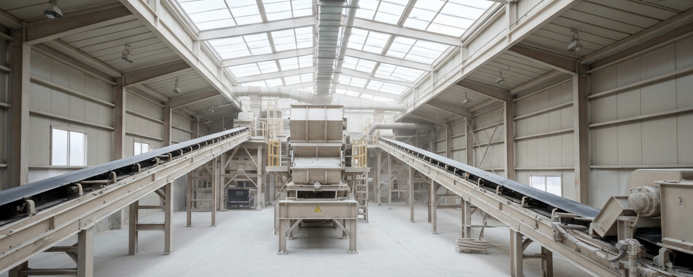 Innere Ansicht einer Spodumen-Verarbeitungsanlage mit industriellen Förderbändern in hellem Tageslicht