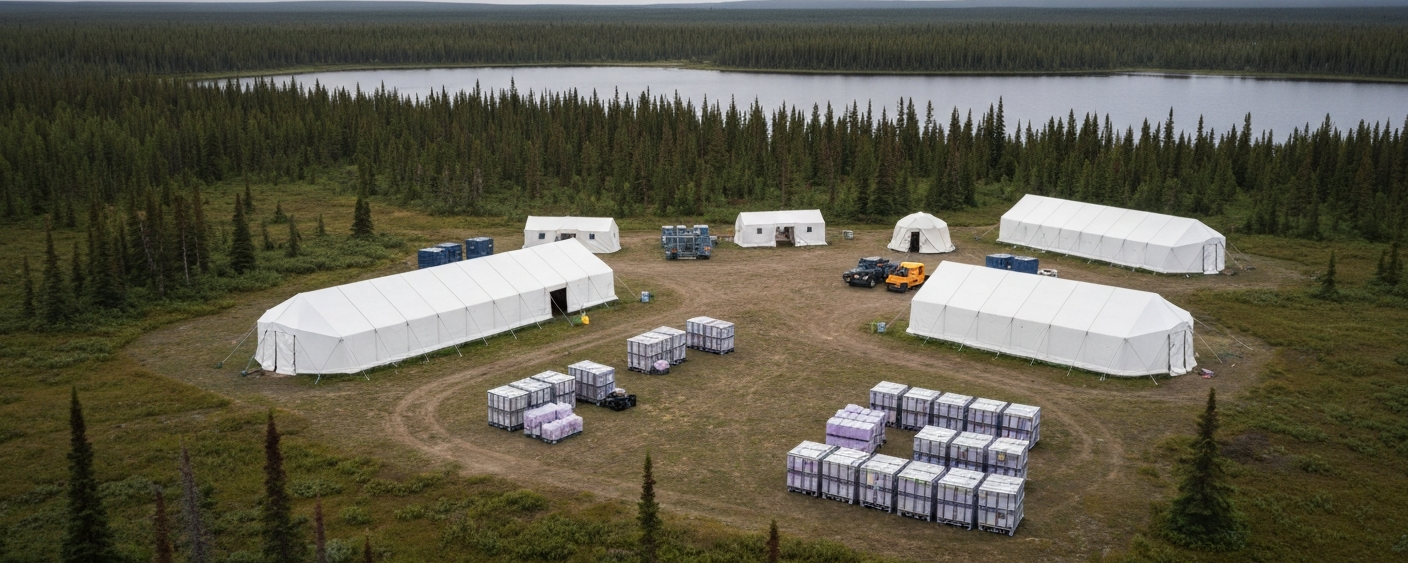 Exploration camp in subarctic Canada with tents and equipment amid a boreal landscape