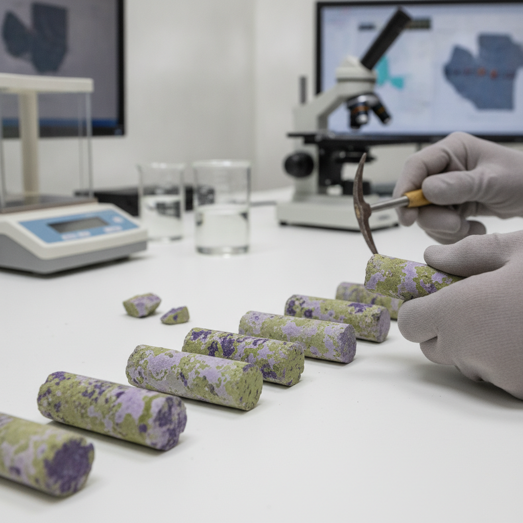 Geologist analyzing drill core samples with rare earth mineralization in a field laboratory