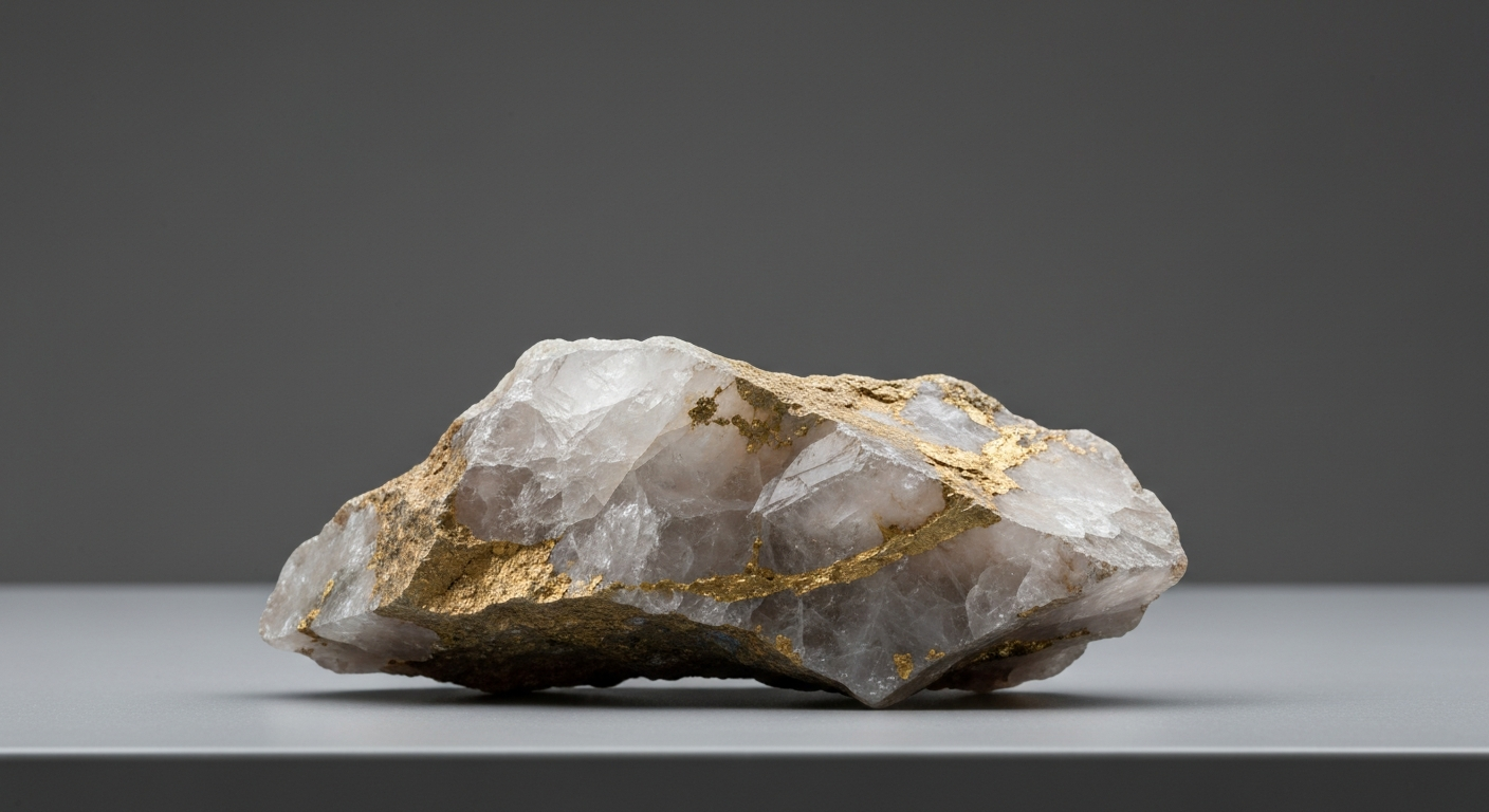 Polierter Quarzgang mit Goldmineralisierung auf grauem Labortisch unter Studiobeleuchtu