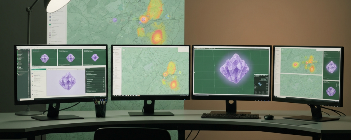 Geologen-Workstation mit KI-Heatmaps zur Zielfindung bei kritischen Metallen