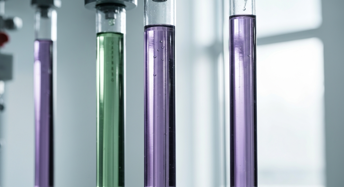 Extraction column in a mineral laboratory with green and purple liquids