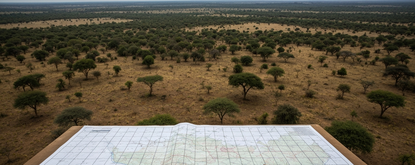 Aerial view of a West African exploration landscape with a geological map grid in the foreground
