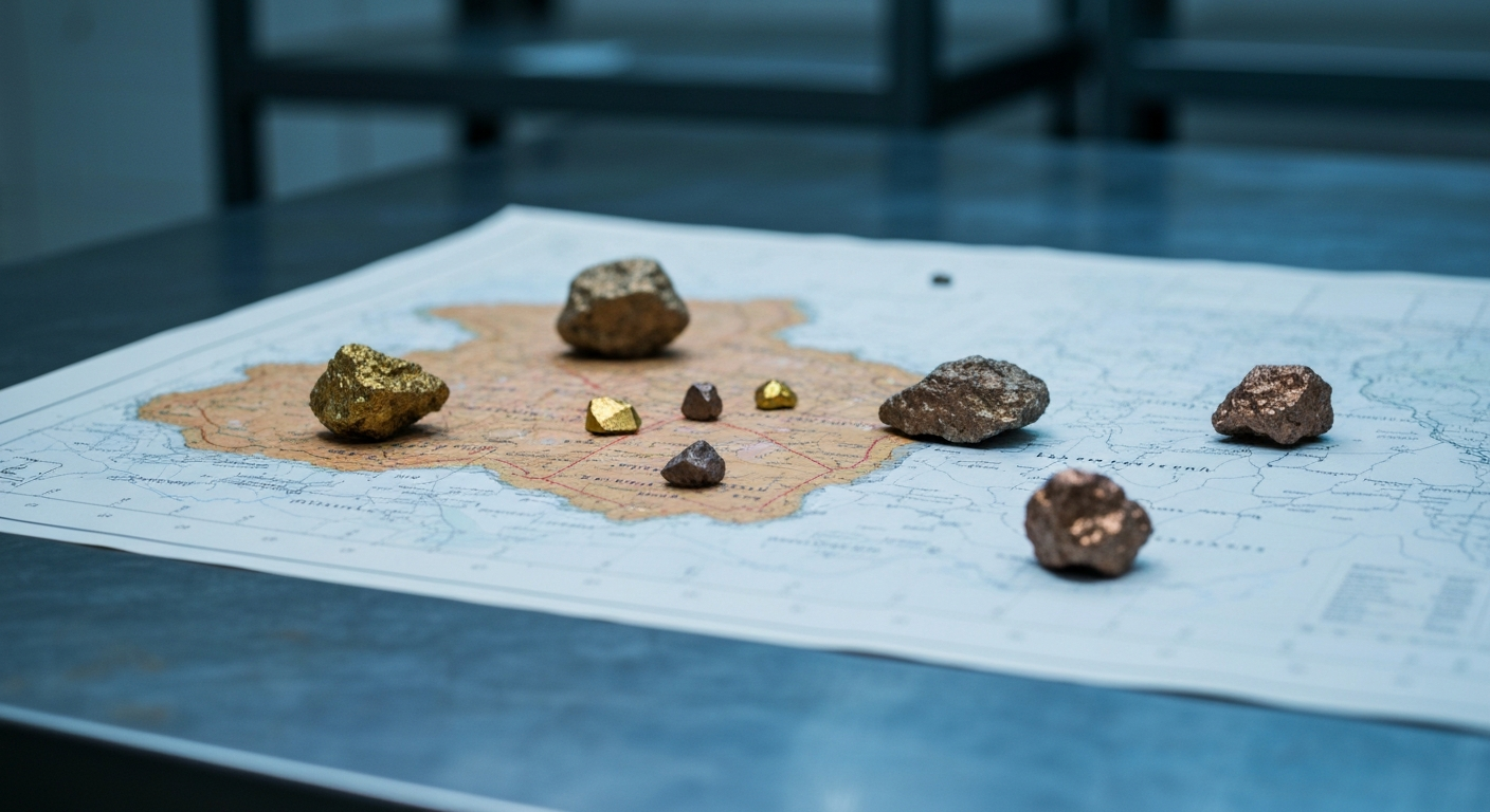 Geologische Karte mit Golderzproben auf Stahltisch in einem Analyselabor