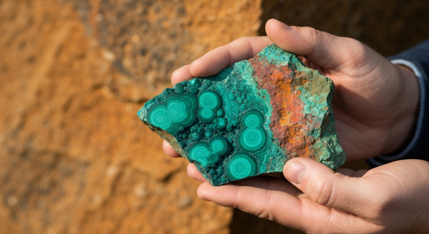 Gesteinsproben mit blau-grüner Malachit-Patina und kupferfarbener Oxidation