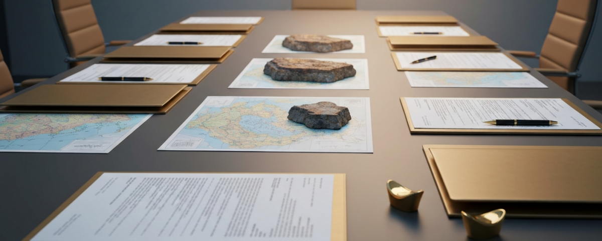 Strategische Investitionsdokumente und geologische Karten auf einem Konferenztisch im Goldsektor