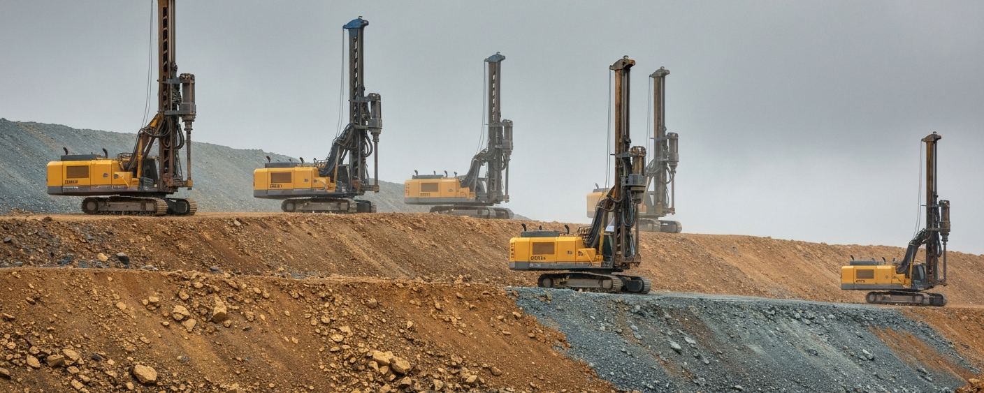 Multiple drill rigs operating simultaneously on a gold exploration project in hilly terrain