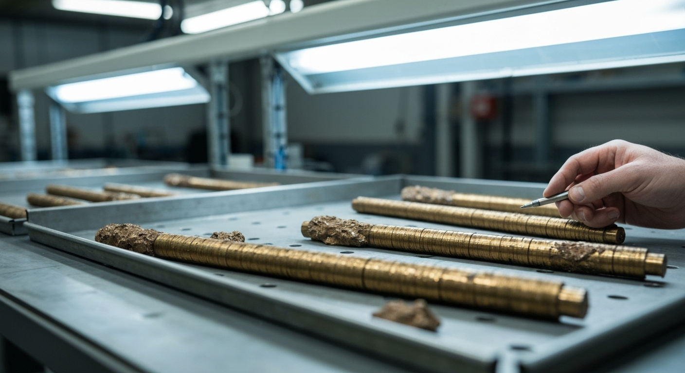 Geologist analyzing drill cores on a metal table in a core storage facility