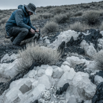 Geologe untersucht silberhaltige Quarzgänge an der Oberfläche in Nevada unter bewölktem Himmel