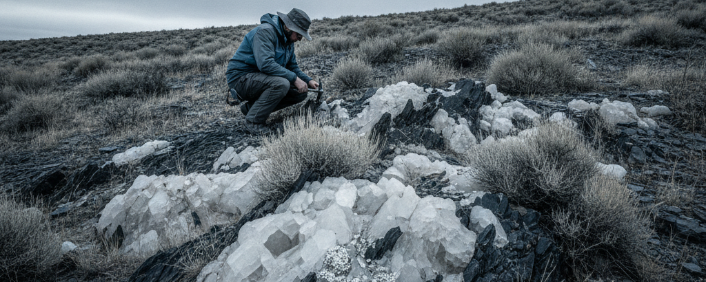 Geologe untersucht silberhaltige Quarzgänge an der Oberfläche in Nevada unter bewölktem Himmel