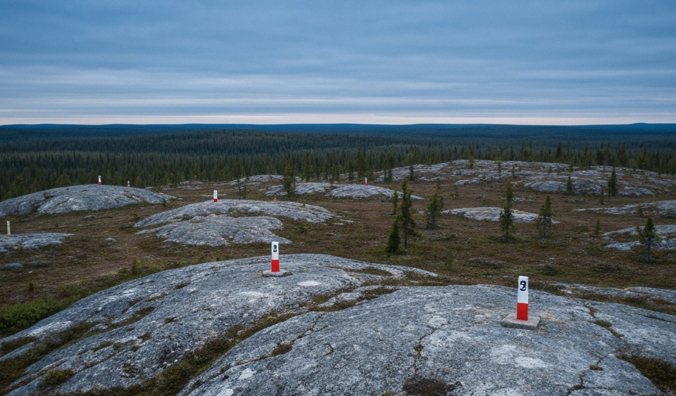 Luftaufnahme einer subarktischen Seenlandschaft mit geologischen Markierungen auf der Tundra im Athabasca-Gebiet