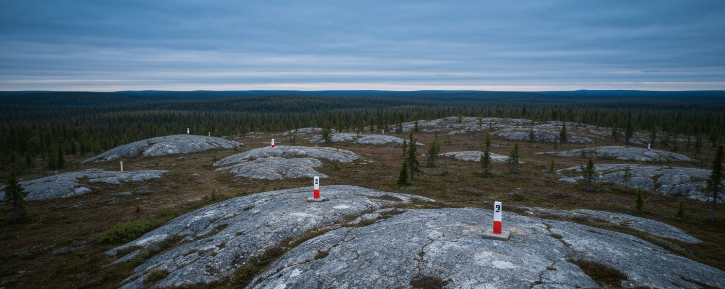 Luftaufnahme einer subarktischen Seenlandschaft mit geologischen Markierungen auf der Tundra im Athabasca-Gebiet