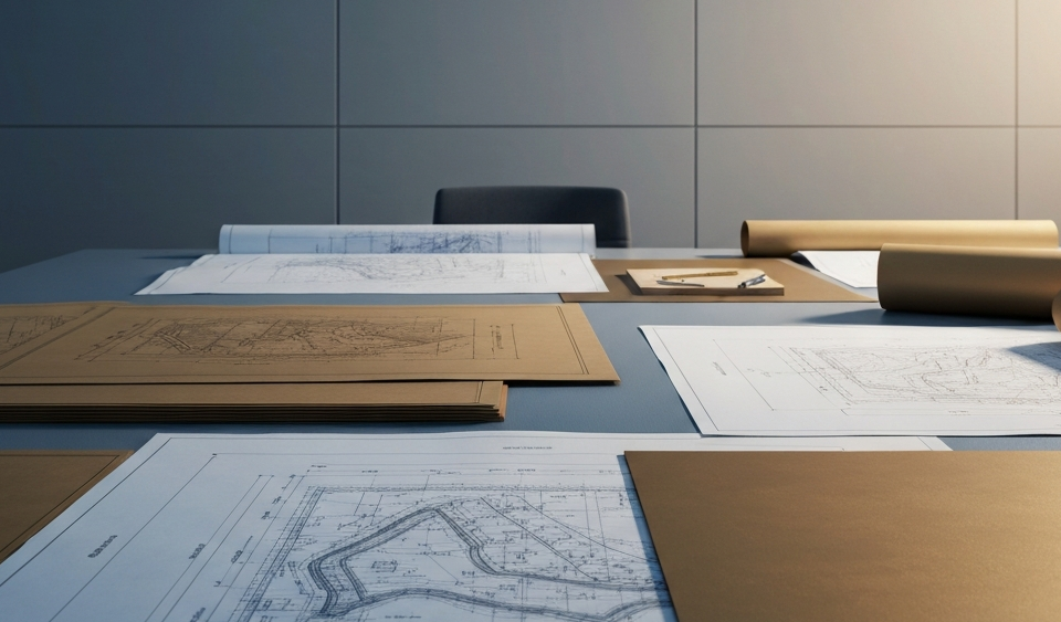 Technische Minenplanung auf einem Ingenieurbüro-Tisch – Symbol für die PEA-Phase eines Goldprojekts