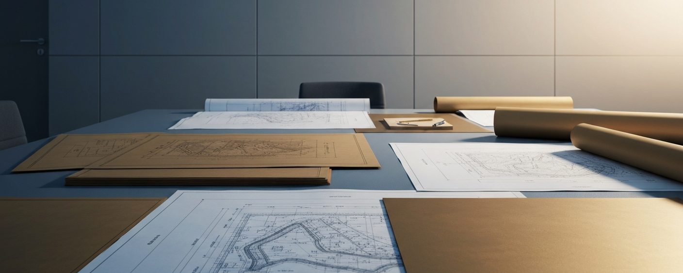 Technische Minenplanung auf einem Ingenieurbüro-Tisch – Symbol für die PEA-Phase eines Goldprojekts