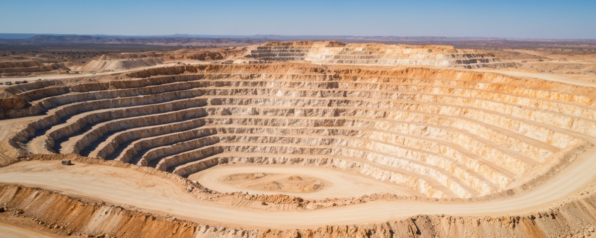 Tagebau eines Hartgestein-Lithium-Pegmatit-Projekts aus der Luft in arider Landschaft