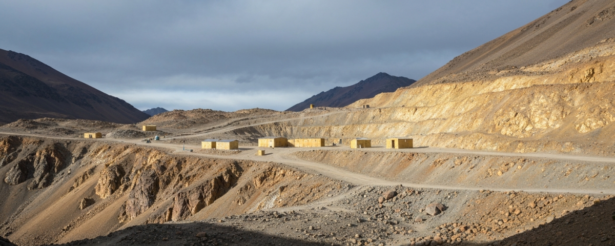 Andines Gebirgsgelände mit Explorationscamp in Peru unter kühlem blauem Himmel