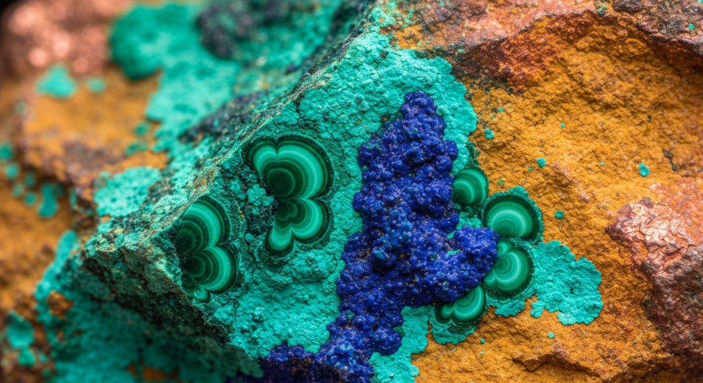 Kupfererz-Probe mit blau-grüner Malachit- und Azurit-Patina auf ockerbraunem Gestein
