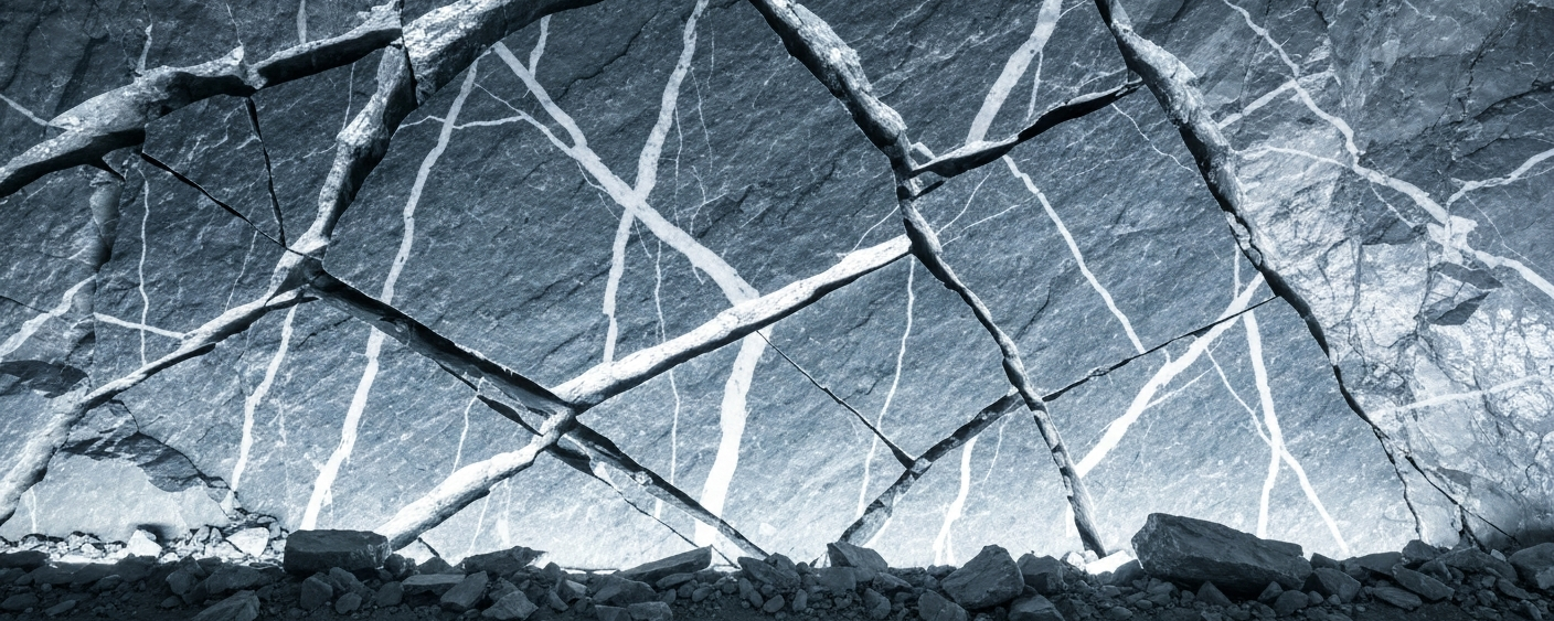 Breccia zone with silver-bearing mineralization in an underground tunnel, cold light highlighting silver-gray rock structure