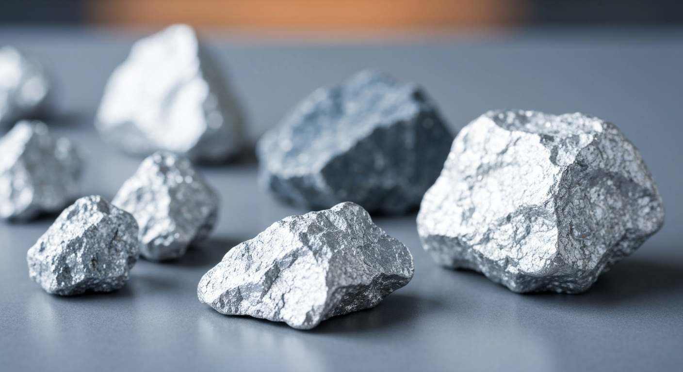Polished silver ore samples on a gray laboratory surface under cool light for grade analysis