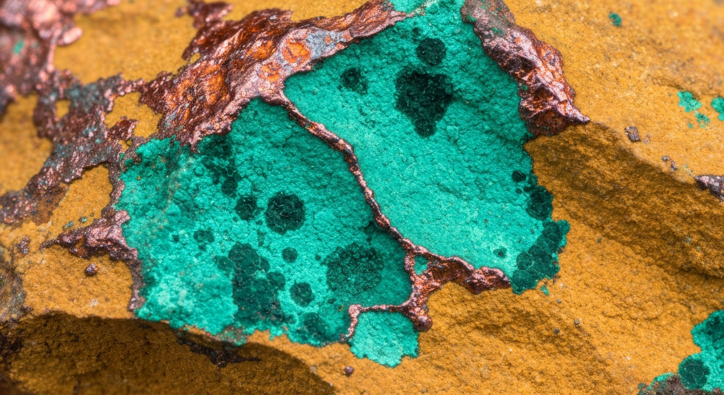 Copper ore with blue-green malachite patina and metallic veins