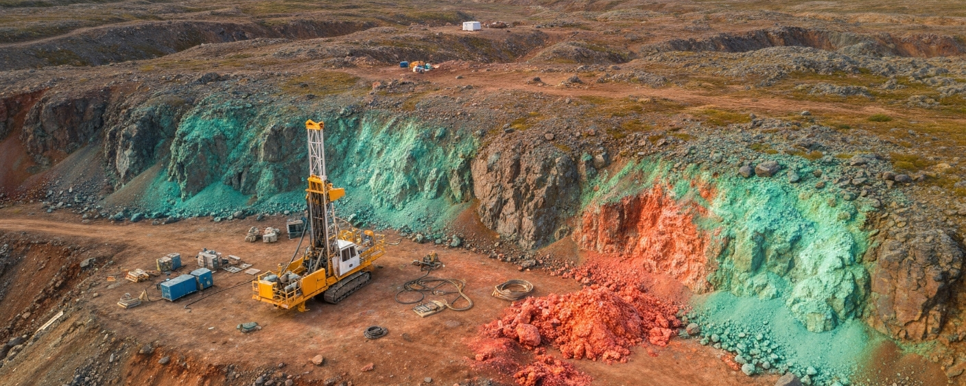 Exploration camp in a remote subarctic landscape with a drill rig and copper-bearing rock outcrops