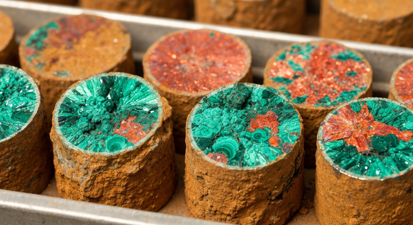 Drill core samples showing copper sulphide mineralization and green malachite oxidation in a core box