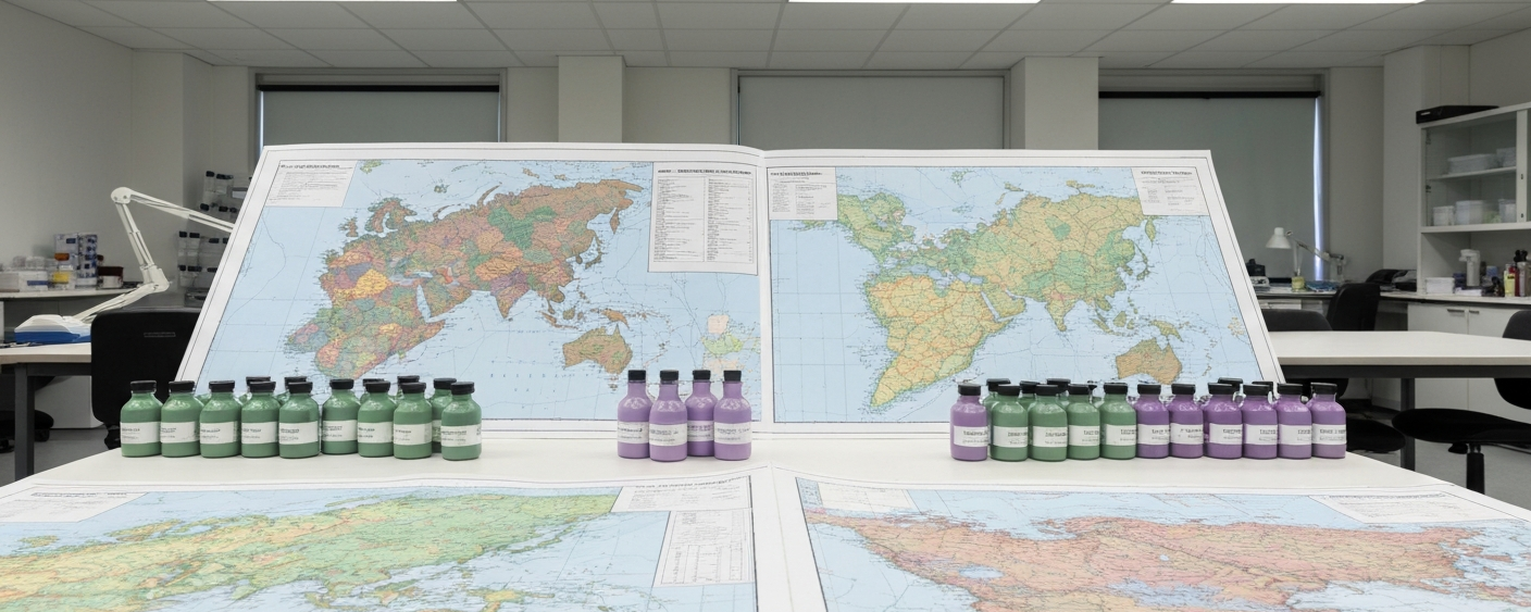 Geological mapping documents with rare earth samples in muted green and purple tones on a laboratory table