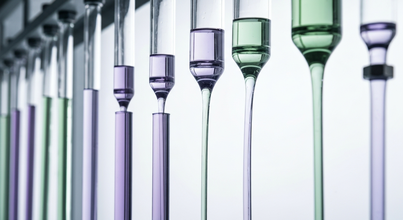 Extraction column in a mineral processing facility with purple and green liquids under cool laboratory lighting