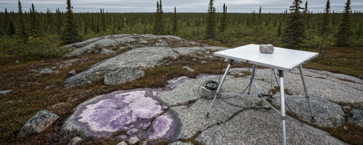 Geologisches Kartierungsgelände in Labrador mit mineralisierten Gesteinsaufschlüssen in kühlem Diffuslicht