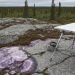 Geologisches Kartierungsgelände in Labrador mit mineralisierten Gesteinsaufschlüssen in kühlem Diffuslicht