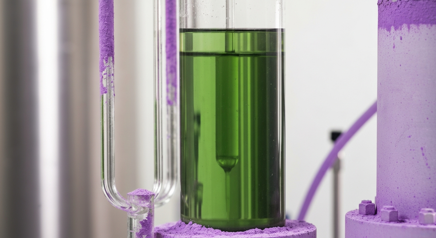Extraction column in a rare earths laboratory with purple oxide residues and neutral laboratory lighting