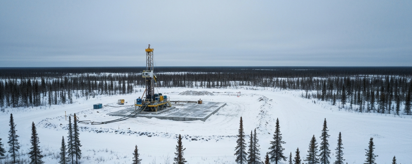 Luftaufnahme einer Bohrstelle im verschneiten borealen Gelände Saskatchewans