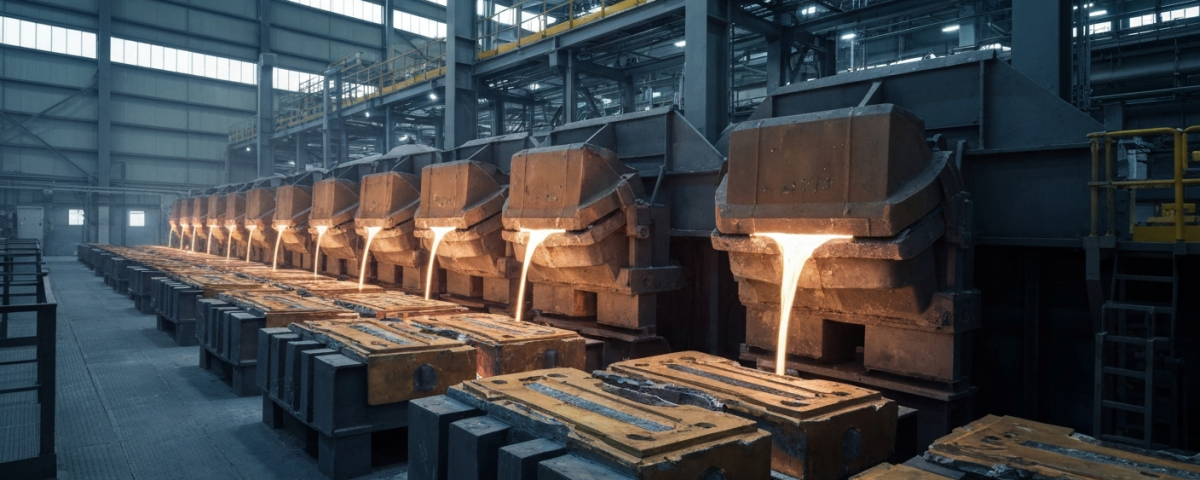 Goldraffinerie-Innenraum mit fließendem Metall in kühlem Industrielicht