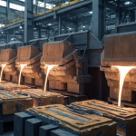 Goldraffinerie-Innenraum mit fließendem Metall in kühlem Industrielicht