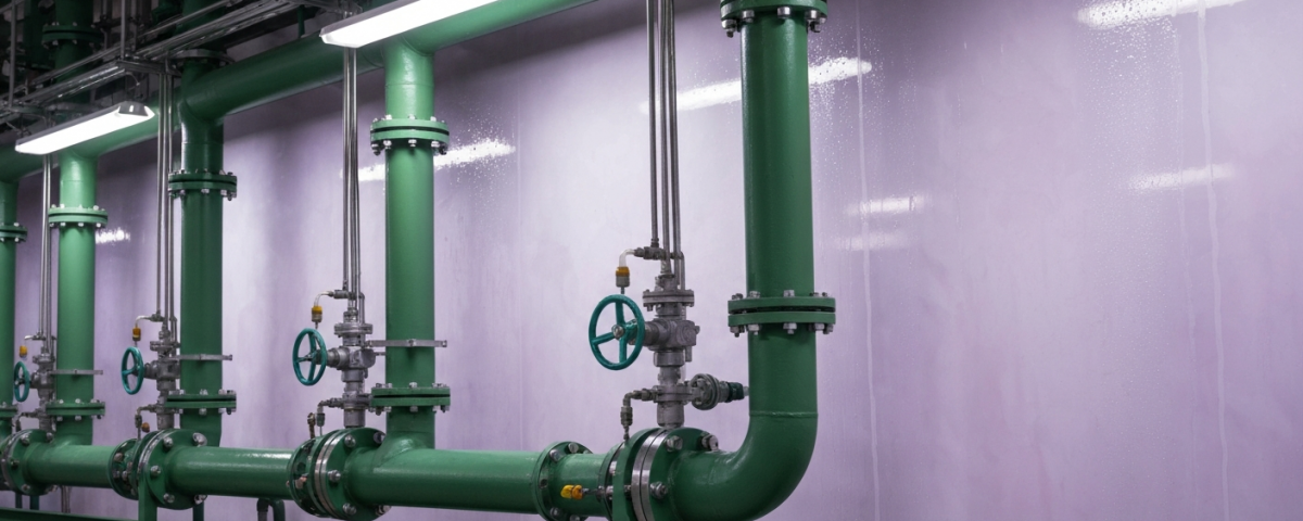 Solvent-Extraction-Kolonne in einem Labor zur Trennung Seltener Erden mit mintgrünen Rohren und kühlem Licht