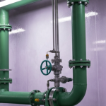 Solvent-Extraction-Kolonne in einem Labor zur Trennung Seltener Erden mit mintgrünen Rohren und kühlem Licht