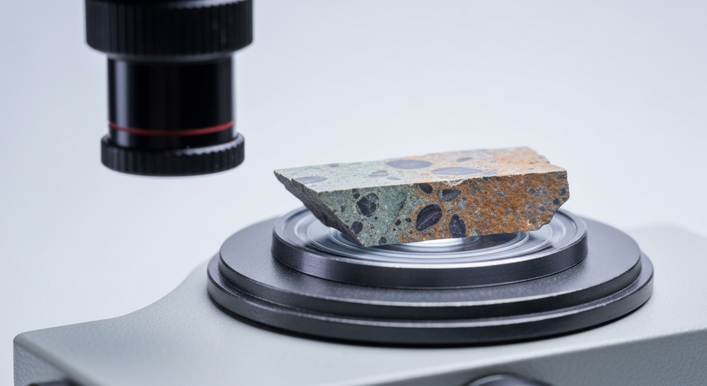 Polarization microscope with a thin section of a rock containing rare earth minerals in a laboratory