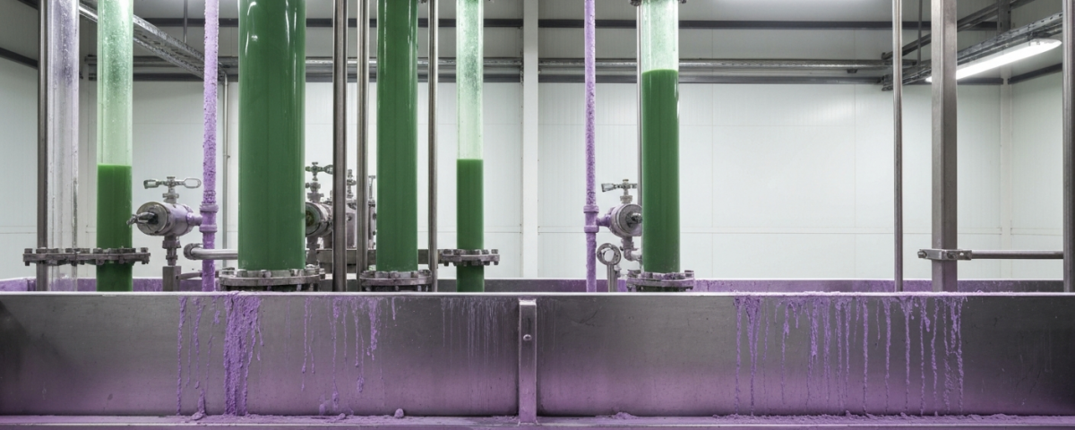 Trennungskolonne in einer Seltene-Erden-Verarbeitungsanlage mit grünlichen Chemikalienlösungen und lilafarbenen Oxidrück