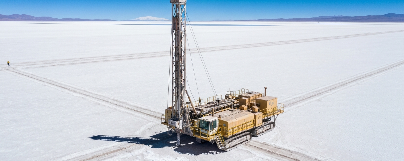 Bohranlage auf einem Salar in den Anden zur hydrogeologischen Erkundung eines Brine-Lithiumprojekts