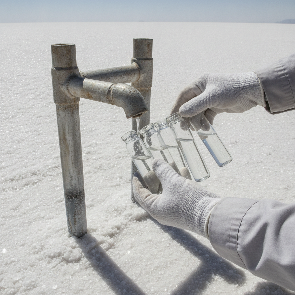 Techniker entnimmt Sole-Wasserproben aus einem Bohrloch auf weißer Salzkruste eines Salars
