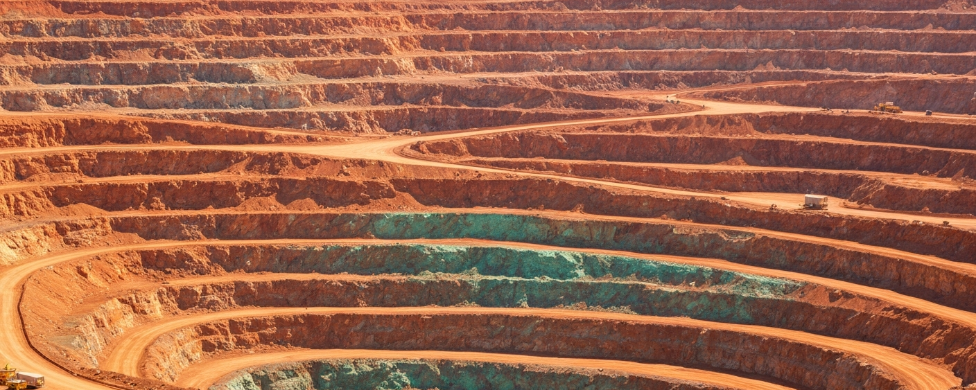 Aerial view of an open-pit copper mine with reddish-orange ore terraces and green oxidation zones
