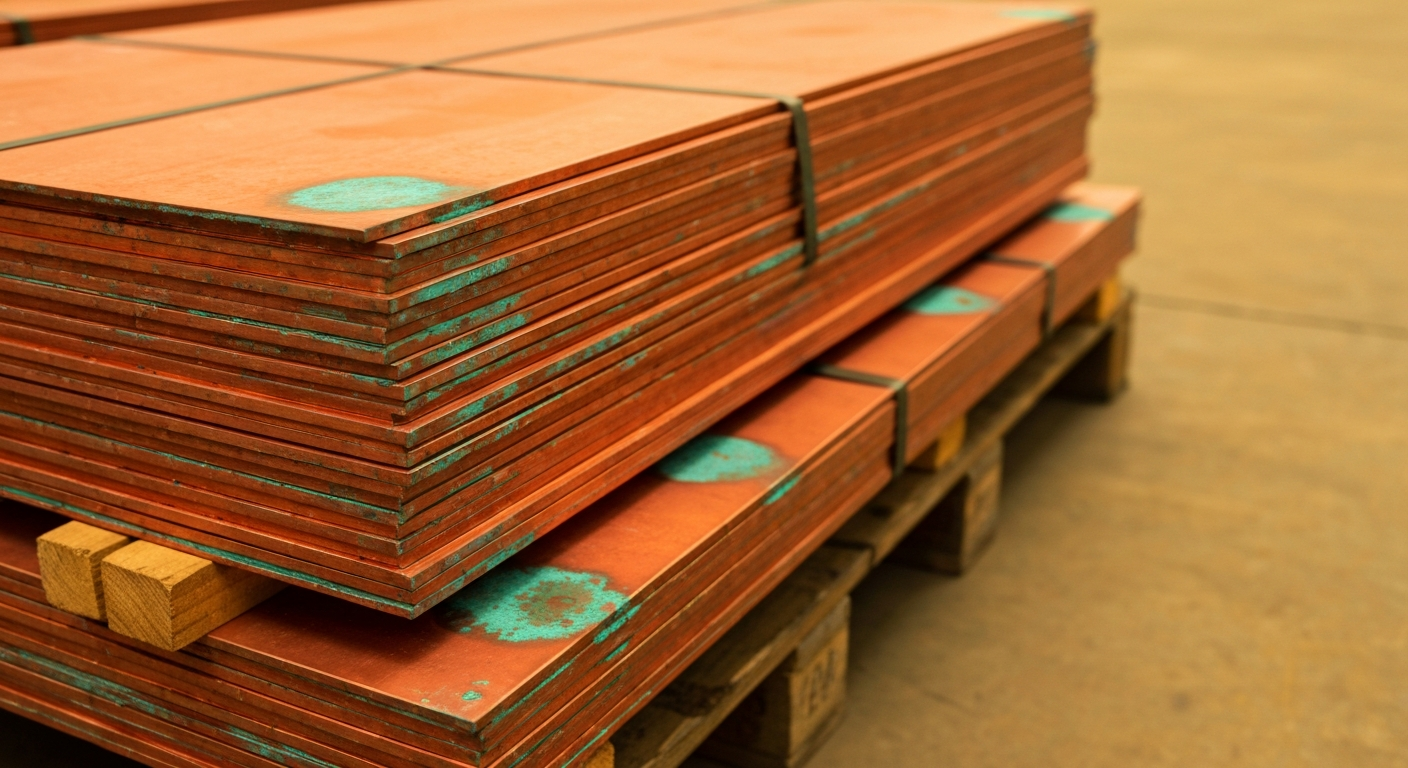 Stacked copper cathodes with a reddish-metallic surface and green patina in an industrial facility