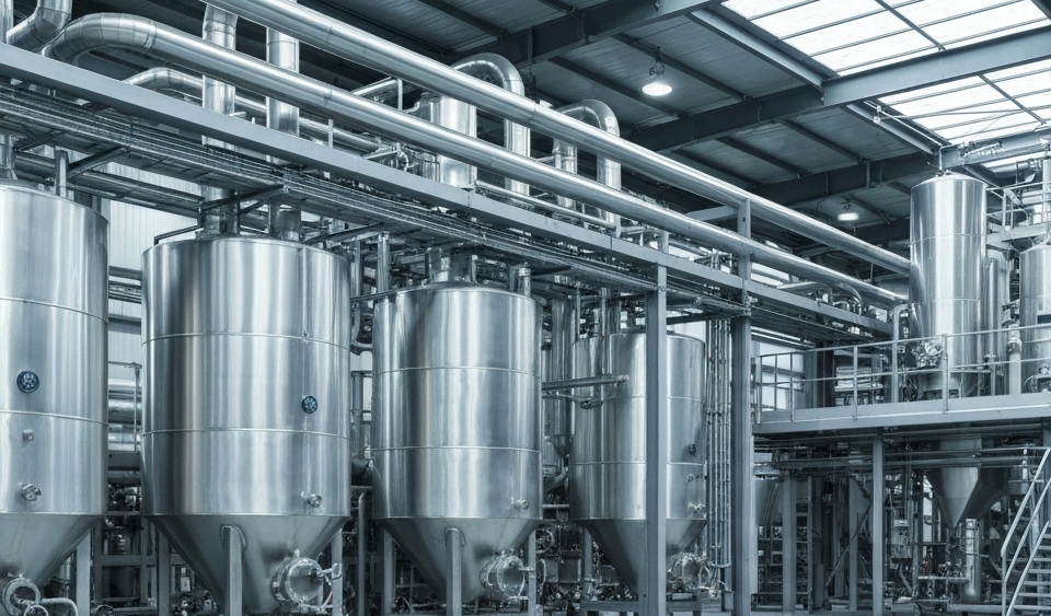 Silberverarbeitungsanlage mit glänzenden Metalltanks und Rohren in kühler Industriebeleuchtung