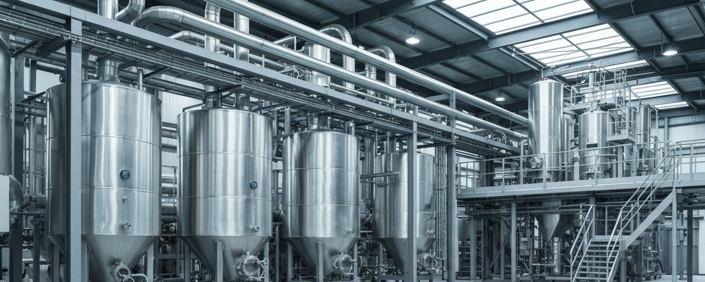 Silberverarbeitungsanlage mit glänzenden Metalltanks und Rohren in kühler Industriebeleuchtung