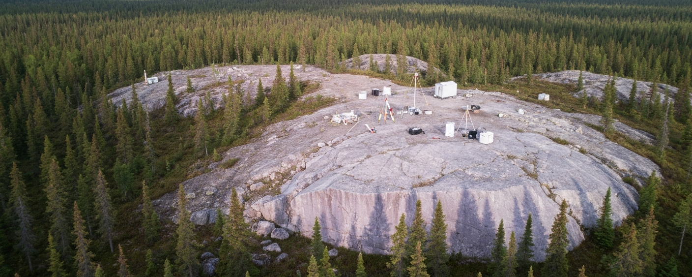 Luftaufnahme eines geologischen Erkundungsgebiets im borealen Wald Québecs mit hellen Felsaufschlüssen