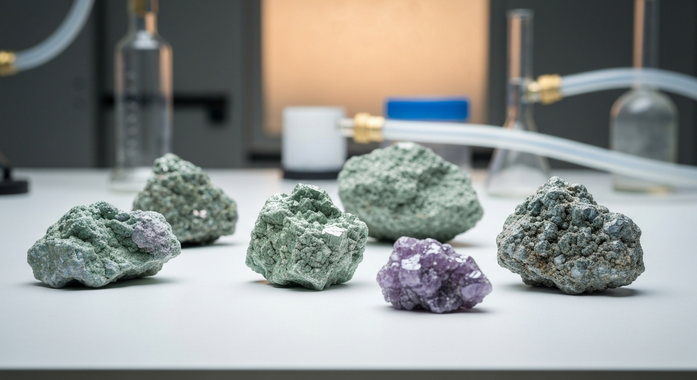 Titanerz-Mineralproben aus Ilmenit und Rutil auf weißer Laborfläche in kühlem Licht