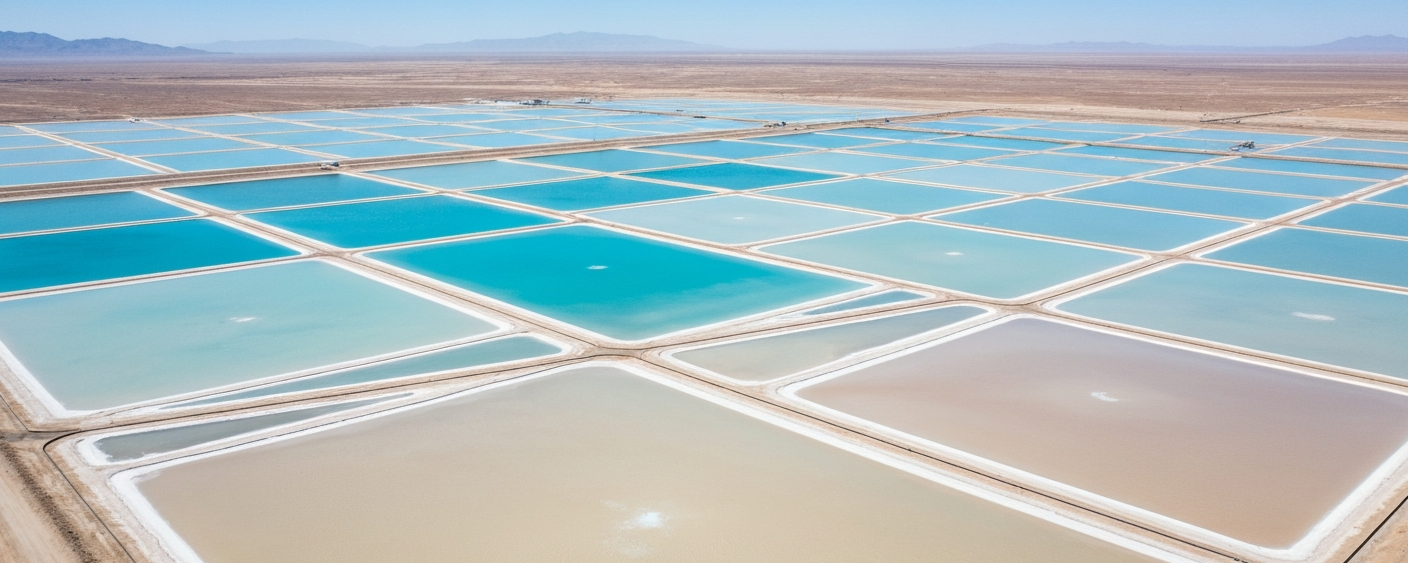 Luftaufnahme eines Lithium-Verdunstungsteich-Komplexes in der Wüste mit geometrischen Teichen in Blau und Beige