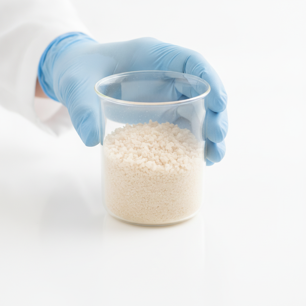 Laborant hält Becherglas mit Lithiumkarbonat-Pulver auf weißem Untergrund