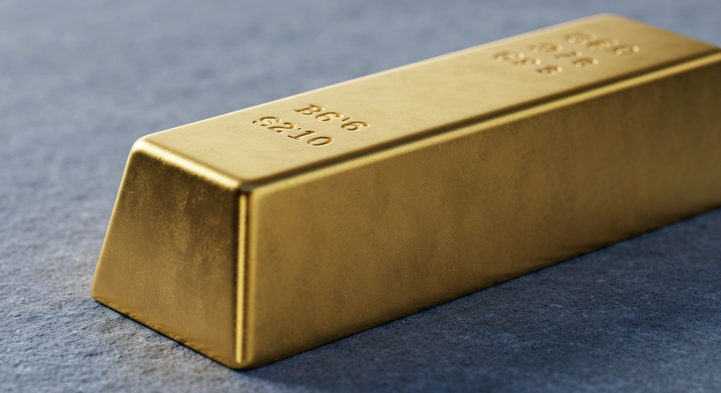 Polished gold bar on a gray stone surface with cool shadows — a symbol for gold sector investments